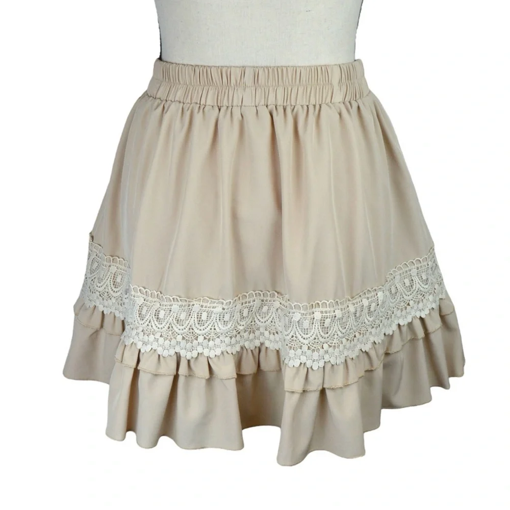 2 Pull On Mini Skirts Blue Embroidered Lace Ruffle‎ Cream Coquette Country Boho
